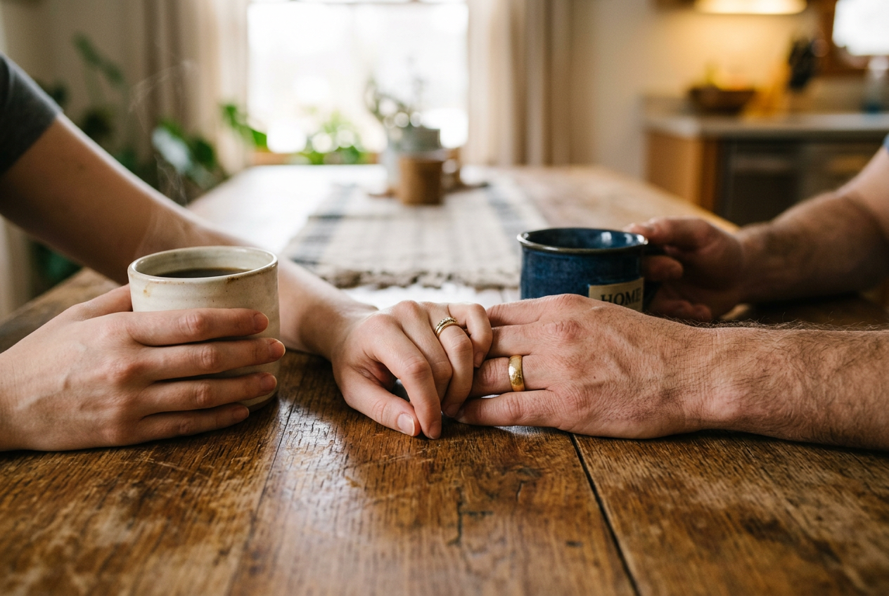Detail shot of a couple's hands and a coffee cup
