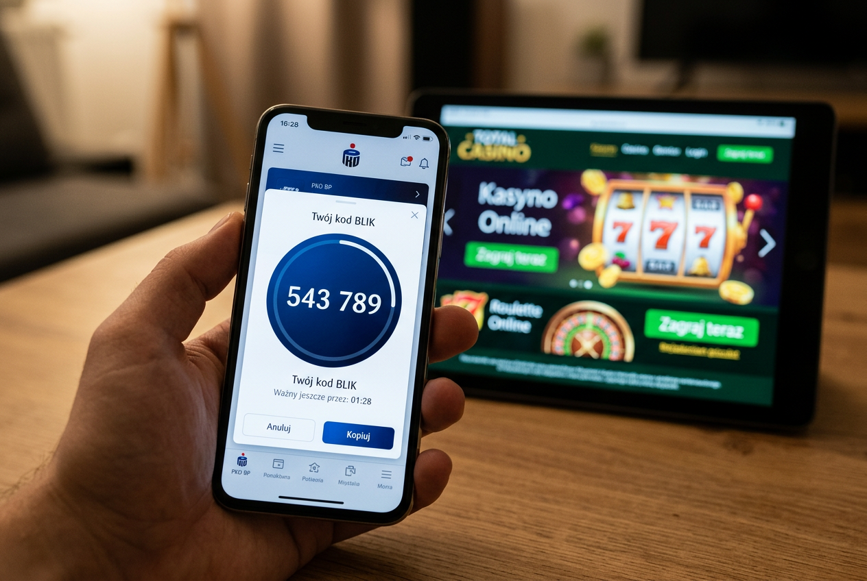 Smartphone displaying a 6-digit BLIK code next to a casino deposit interface with Polish currency PLN symbols