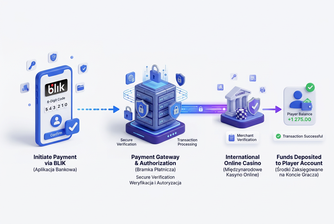Infografika przedstawiająca bezpieczny proces płatności BLIK w kasynie online poprzez bramkę płatniczą