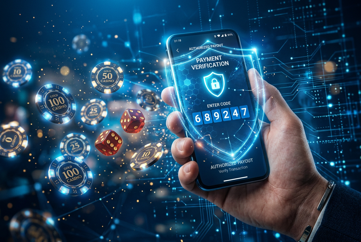 Bezpieczne płatności BLIK w kasynie - smartfon z kodem i elementy hazardowe