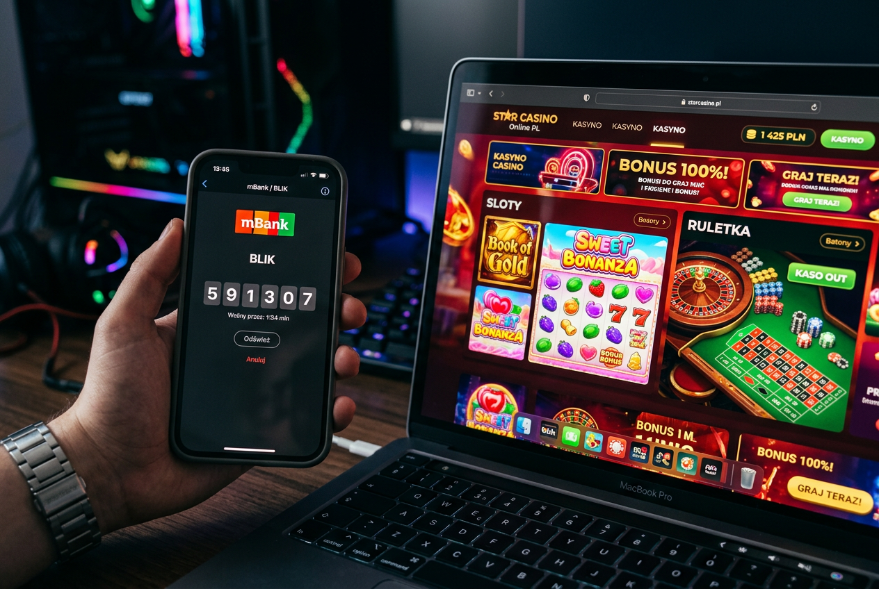 Smartfon z aplikacją bankową generującą kod BLIK na tle interfejsu kasyna online