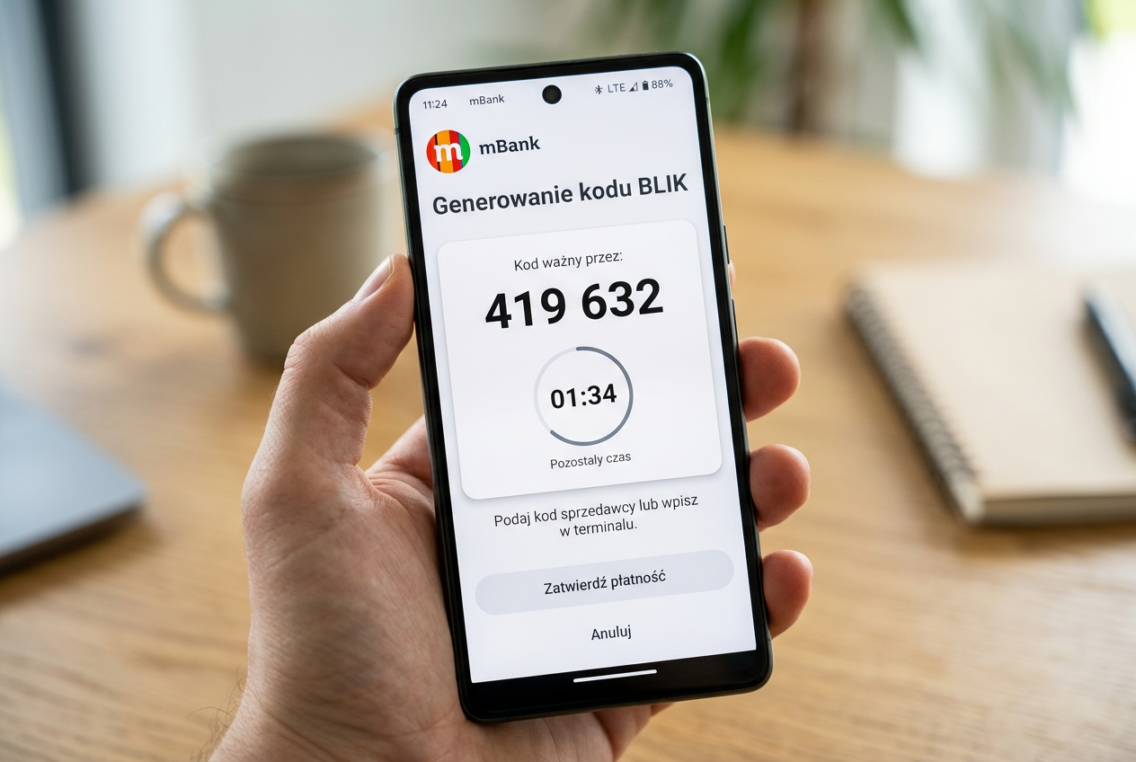 Interfejs aplikacji bankowej z widocznym kodem BLIK na ekranie smartfona