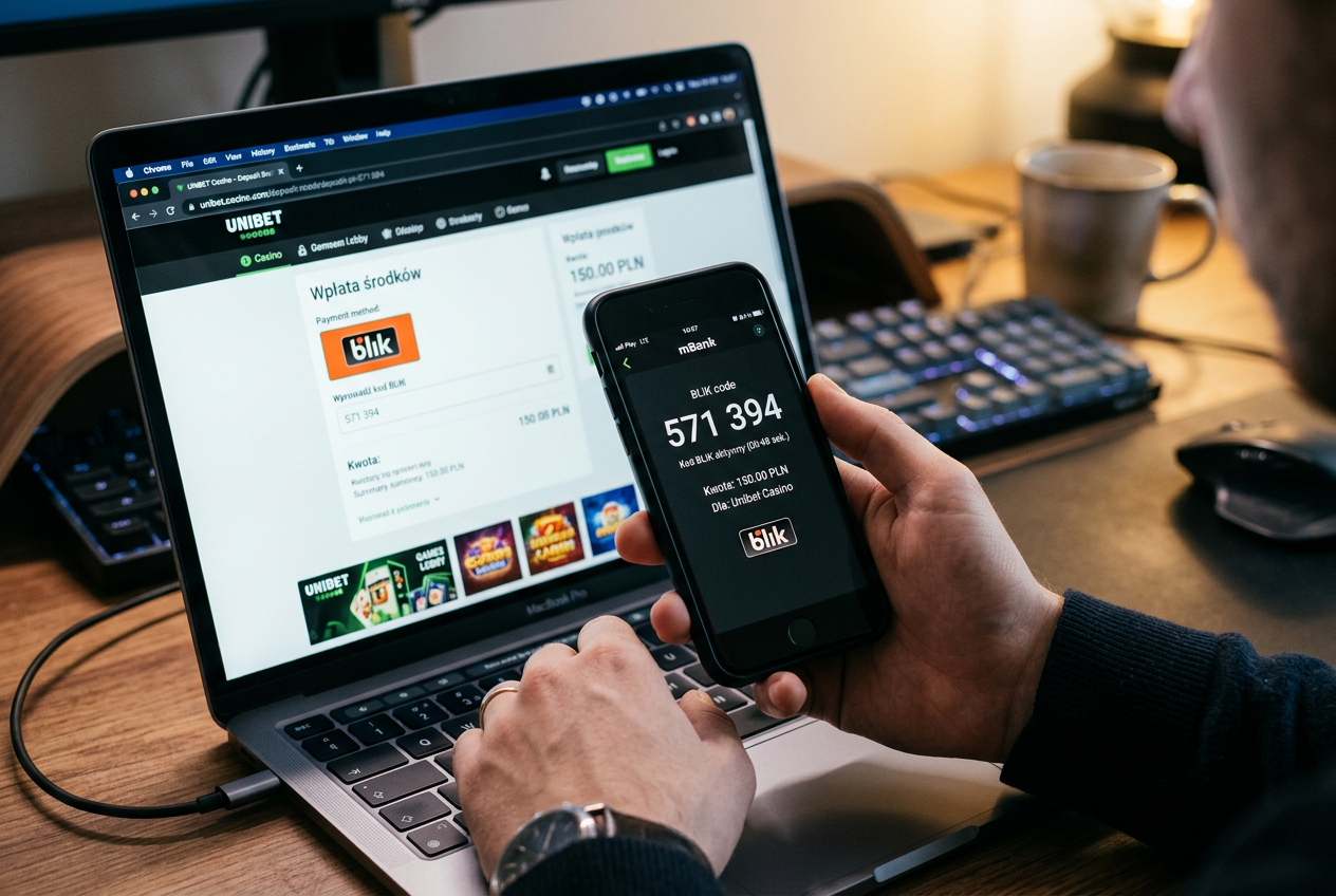 Smartfon z aplikacją bankową generujący kod BLIK przed laptopem z otwartym kasynem online