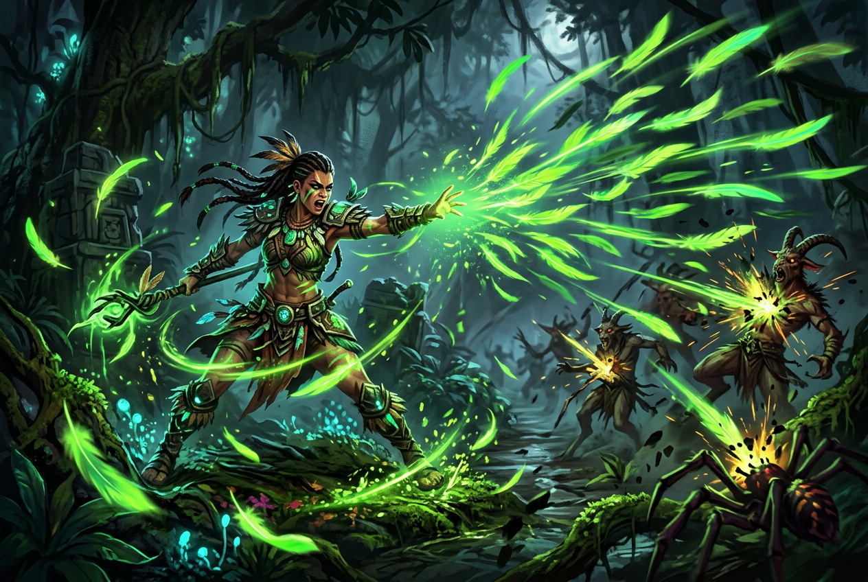 A powerful Spiritborn warrior surrounded by spectral animal spirits in the jungles of Nahantu
