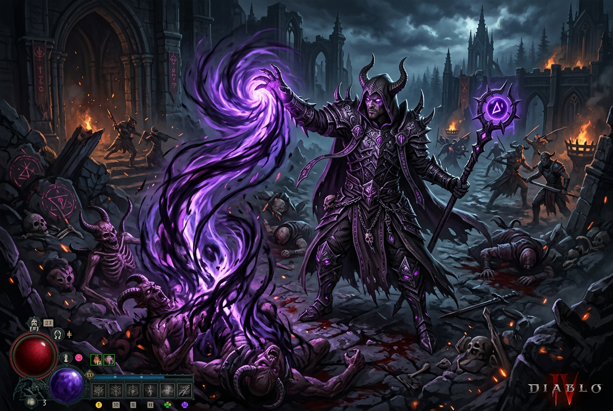 Concept art of the rumored Diablo 4 Warlock class siphoning dark soul energy