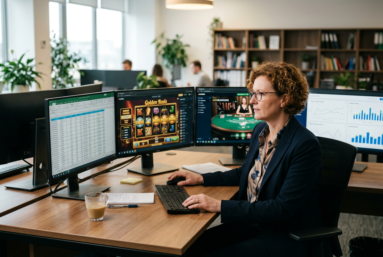 Tester analizujący tabelę wyników na dwóch monitorach w biurze