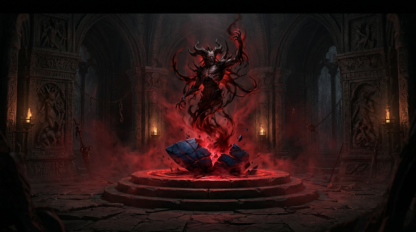 Mephisto emerging from a soulstone in Diablo 4