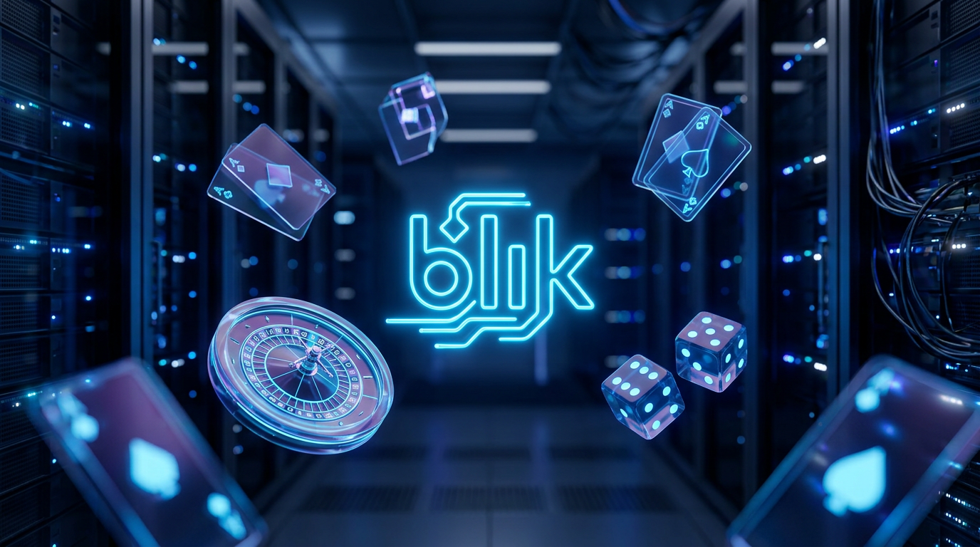 Digital illustration of BLIK logo with casino elements in a futuristic 2026 setting