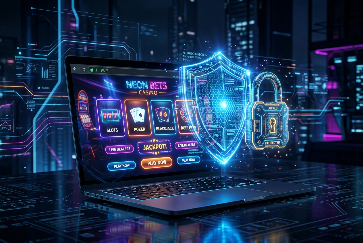 Cyber security and online gambling protection - digital shield and lock icons overlaid on a casino background