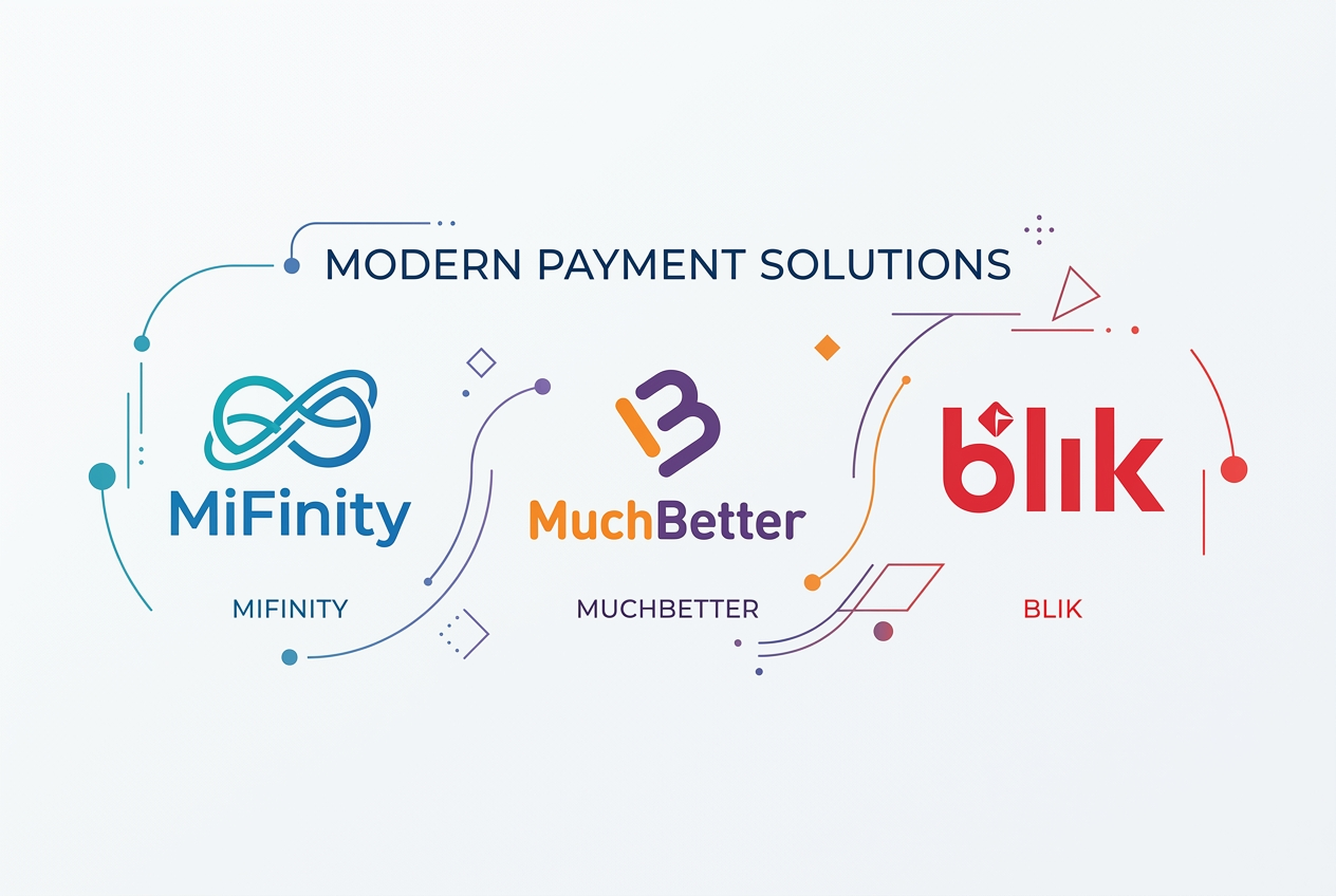 Porównanie logotypów systemów płatności MiFinity MuchBetter i BLIK na jasnym tle